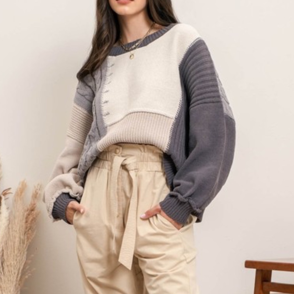022 Cozy Color Block Back Tie Sweater Top - Picture 3 of 5